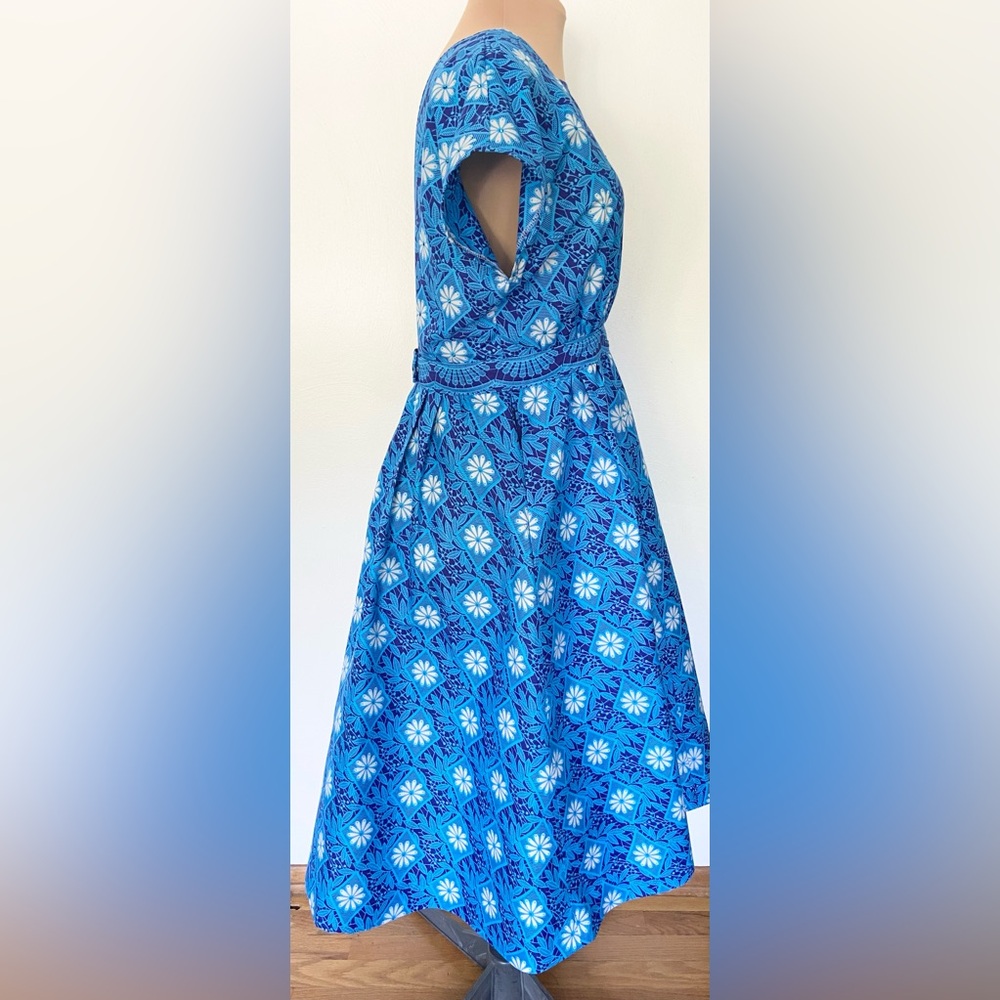 Vintage 50s-Inspired Cotton Sundress *Large* BLUE Embellished Backless Dress - Picture 4 of 7